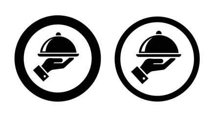 Two circular icons depicting hands presenting dishes under silver cloches