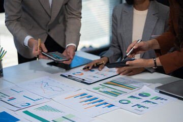 Project manager working and update tasks with milestones progress planning and professional investor working new start up project in the office.