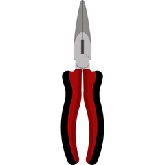 A close-up detailed illustration of a long-nose plier tool with red and black grip handles isolated on a white background