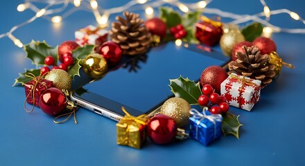 Fototapeta premium Festive Christmas wreath of ornaments and gifts encircles a digital tablet, celebrating holiday technology.