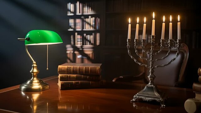 Menorah candles burn bright in classic library! Jewish tradition, Hanukkah celebration, history and faith concepts. Perfect for holiday greetings, cultural heritage projects.