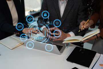 Hand touching secure access service edge icon on smartphone virtual screen background, password,...