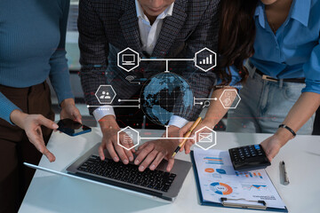 Business consultants discuss tax, merger strategy and restructuring in modern office.