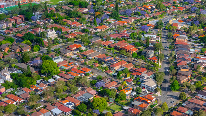 Panorama aerial drone view of western Sydney Suburbs of Canterbury Burwood Ashfield Marrickville Campsie with Houses roads and parks in Sydney New South Wales NSW Australia