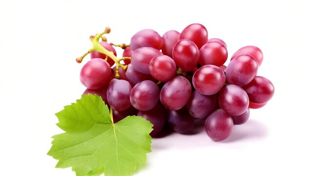 Bunch of red grapes isolated on white background with a green leaf