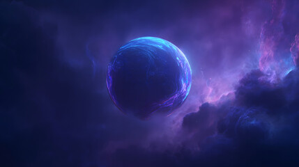 mystical glowing opal planet floating in deep space surrounded by cosmic dust and nebula clouds with iridescent blue and purple cinematic lighting
