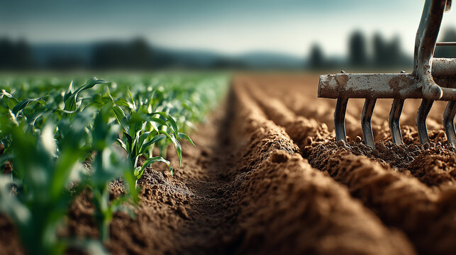 Close-up of young green crops growing in cultivated soil with a plow preparing the next row, symbolizing agriculture, growth, and sustainable farming practices