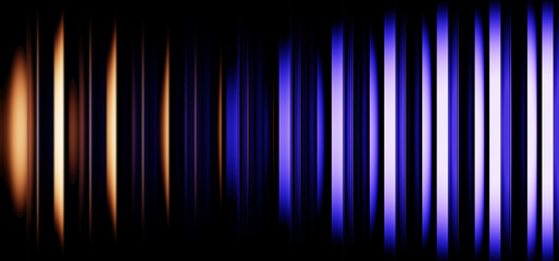 Neon ribbed fractal glass texture on black 3d background. Abstract vertical stripe pattern with glowing gold blue violet gradient. Sound wave pulse music light effect, night party bg. 3D illustration