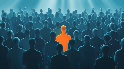 A surreal digital artwork of a crowd of people viewed from behind, all shaded in blue except one person in the center glowing in vivid orange. The atmosphere is abstract and moody
