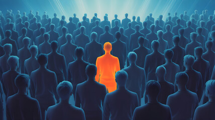 Obraz premium A surreal digital artwork of a crowd of people viewed from behind, all shaded in blue except one person in the center glowing in vivid orange. The atmosphere is abstract and moody