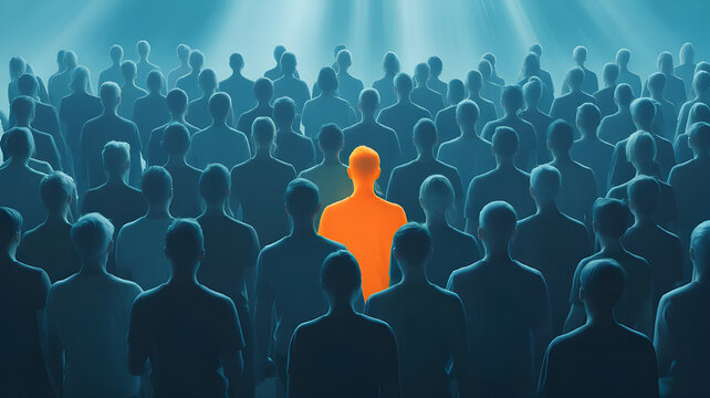 A surreal digital artwork of a crowd of people viewed from behind, all shaded in blue except one person in the center glowing in vivid orange. The atmosphere is abstract and moody