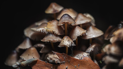 Macro of tiny forest mushrooms with a small slug crawling on leaf. Dark background, shallow depth of field, autumn atmosphere. Great for ecology and micro nature themes.