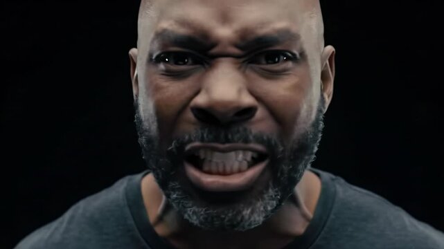 An extreme close-up video of an adult african american man, short beard, dramatically screaming, then troubled, against a black void with chiaroscuro light. Concept of raw emotion