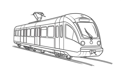 A detailed line drawing illustrates a modern electric train car traveling along tracks
