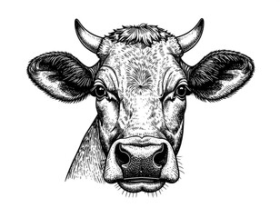 A detailed monochrome drawing of a cow's head facing the viewer, focused on facial features