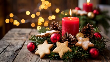 Warm festive christmas centerpiece with a lit red candle surrounded by evergreen branches pinecones ornaments and star shaped cookies