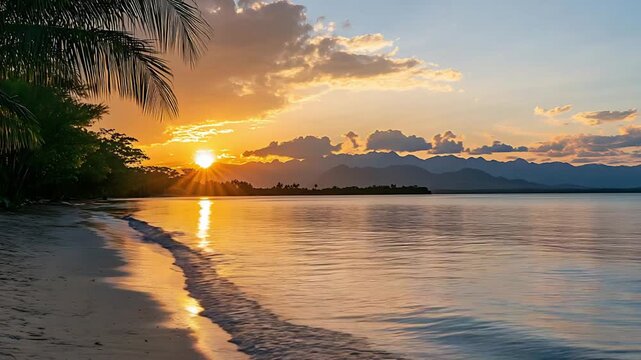 Beautiful sunset over the ocean with palm trees and mountains in the distance