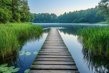 Naklejka premium A wooden boardwalk extending straight across a calm, reflective lake surrounded by tall green reeds and a dense forest under a soft, hazy sunrise or sunset