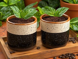 Two speckled brown and cream mugs repurposed as planters, holding soil and sprouting vibrant green mint leaves, on a background of other houseplants