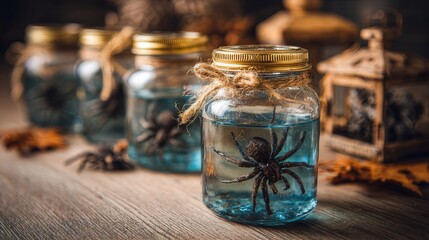 Halloween holiday decorations with mason jars filled with spiders, spooky candles, wooden accents, and eerie festive autumn setting