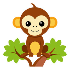 Cute cartoon monkey sitting on a tree branch silhouette isolated on white background