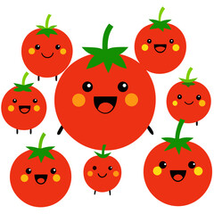 Collection of happy cartoon tomatoes with cute faces isolated on white background silhouette