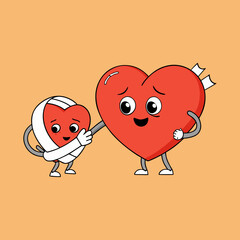 Two cartoon hearts one injured and bandaged being comforted by another heart silhouette isolated on white background