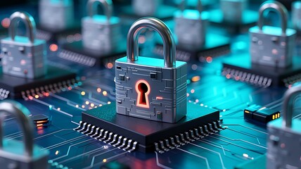 Digital security concept with a padlock on a computer chip representing data protection and cybersecurity in a connected world