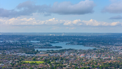 Panorama aerial drone view of western Sydney Suburbs of Canterbury Burwood Ashfield Marrickville Campsie with Houses roads and parks in Sydney New South Wales NSW Australia
