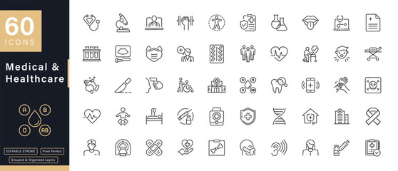 60 Medical and Healthcare Line Icons Set