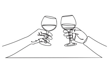 Continuous one line drawing. Hands cheering with glasses of wine. one line Icon drawing with white background