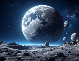 A detailed, stylized view of a lunar surface with large moon and other celestial objects