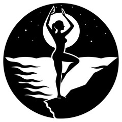 Woman performing yoga tree pose silhouette against moon and stars isolated on white background