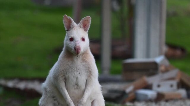 White wallabies are Bennetts wallabies, Macropus rufogriseus, with rare genetic mutation of white fur some are even Albinos with red eyes and nose, endemic to Bruny island, Tasmania, Australia.