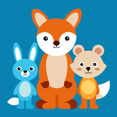 Obraz premium Cute cartoon fox rabbit and bear friends together isolated on white background silhouette