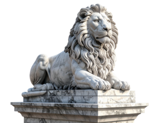Stone Lion Statue on Pedestal with Textured Base, Majestic Entrance Ornament Isolated on Transparent Background PNG