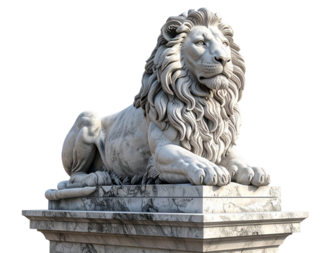 Stone Lion Statue on Pedestal with Textured Base, Majestic Entrance Ornament Isolated on Transparent Background PNG - Powered by Adobe