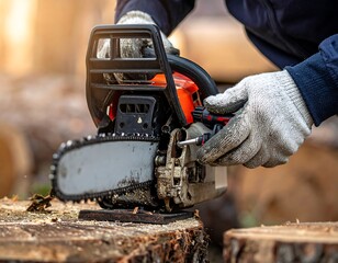 A person with protective gloves adjusting a chainsaw on a wood log