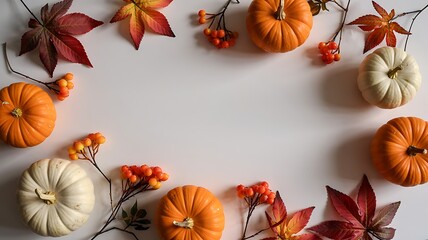 Autumnal wreath frame of orange pumpkins white gourds red berries and fall leaves on white background