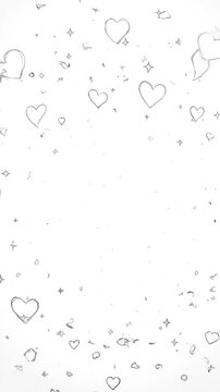 White background with scattered sketches of hearts, stars, and shapes, creating a whimsical pattern