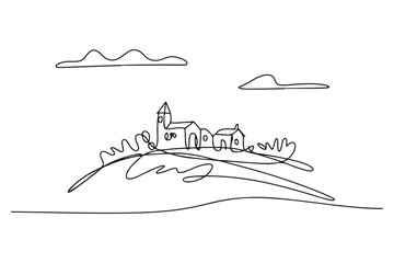 Continuous line drawing. Landscape with village on hill. one line Icon drawing with white background