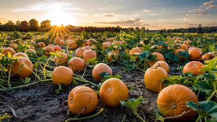 Golden sunset illuminates a sprawling pumpkin patch filled with ripe orange pumpkins growing on vines in a rural farm field