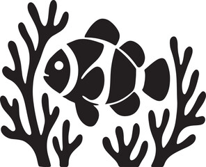 Clownfish silhouette vector swimming among coral branches in bold minimal ocean design. © MdKhalid