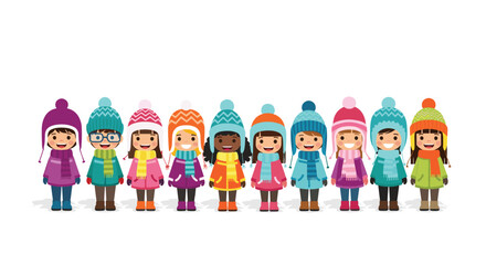 Fototapeta premium A diverse group of ten happy children wearing colorful winter coats, hats, and scarves, smiling and standing together on a white background.