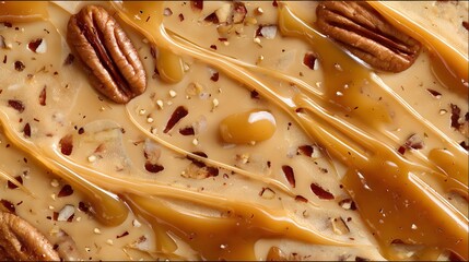 Decadent caramel swirls atop rich nougat embedded with chopped nuts and whole pecan halves creates a luxurious sweet texture