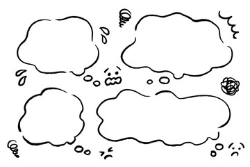 手書き風のネガティブな感情を表すスピーチバブルセット｜悩み・焦り・ストレス・困惑を描いたモノクロイラスト素材