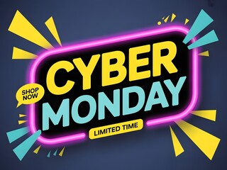 Cyber monday sale announcement with neon glowing frame, vibrant colors, and shop now call to action, highlighting limitedtime online shopping deals