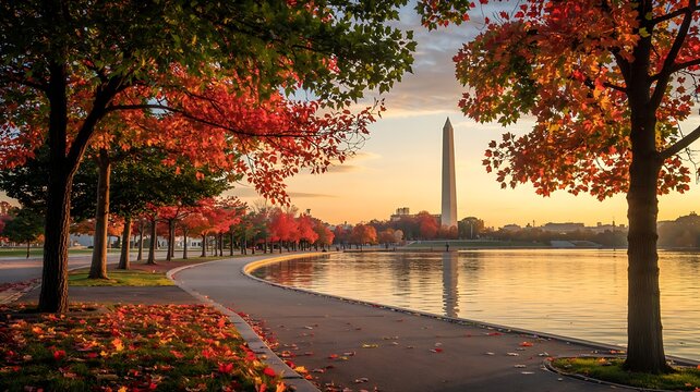 Golden hour sunset illuminates washington monument and tidal basin with vibrant autumn foliage and reflective water - Powered by Adobe