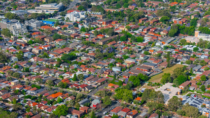 Panorama aerial drone view of western Sydney Suburbs of Canterbury Burwood Ashfield Marrickville Campsie with Houses roads and parks in Sydney New South Wales NSW Australia