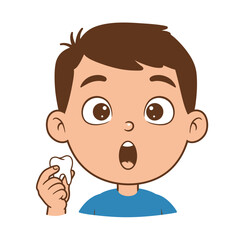 Obraz premium Surprised cartoon boy with brown hair and wide eyes holding his lost milk tooth.